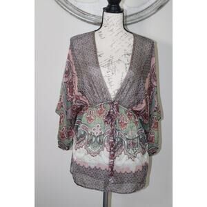 Karen Kane Silk Blouse Women’s Medium Paisley Boho V-Neck 3/4 Sleeve USA